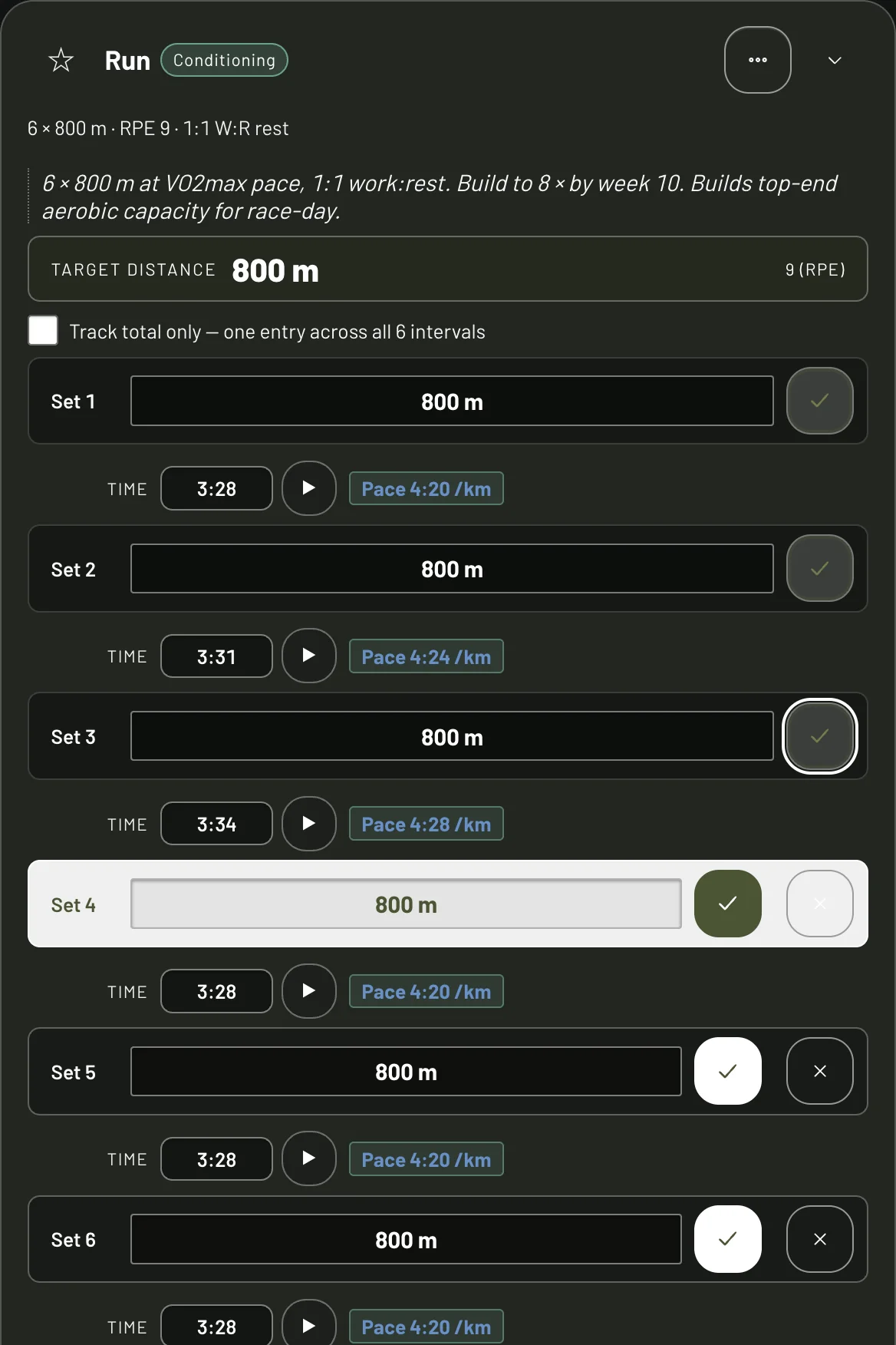 A six-by-800 m run interval session being logged rep by rep, with the pace per rep
